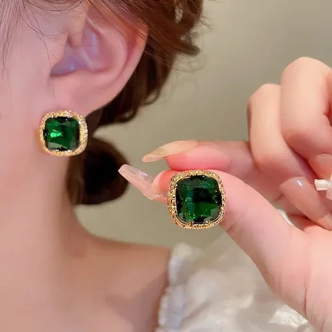 Boucles D'oreilles Carrées Zircon Vert Émeraude Cuivre Tige Argent Sterling 925 Vintage Français Luxe Pour Femmes