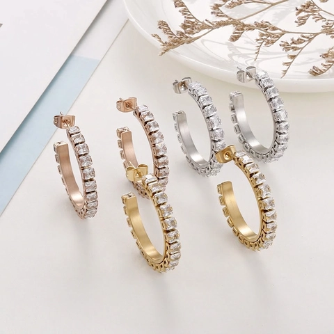 C-Shaped Hoop Earrings Stainless Steel Inlaid Cubic Zirconia Geometric Trendy Fashionable For Women