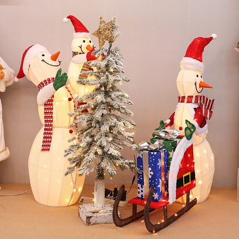 Decoraciones De Navidad Muñeco De Nieve Trineo Luminoso LED Hierro Tela Interior Exterior Jardín Porche Ornamento De Fiesta Pantalla