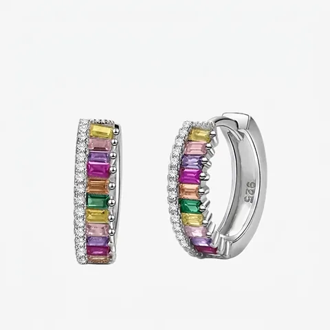 Orecchini A Cerchio In Argento Sterling 925 Con Zirconi Cubici Baguette Colorati Arcobaleno Gioielli Di Moda
