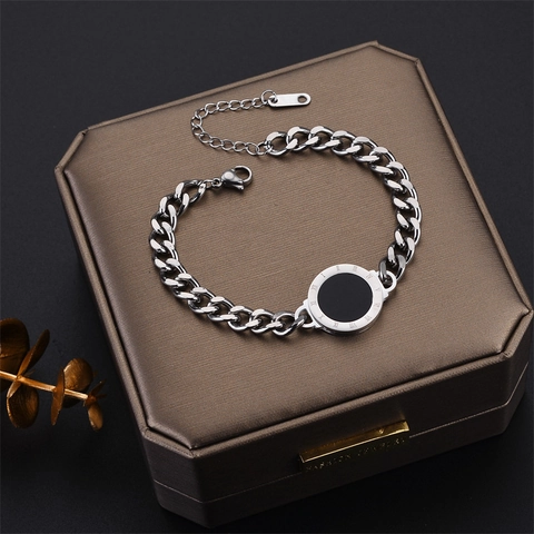 Bracciale Vintage in Acciaio Inossidabile con Numeri Romani e Disco Tondo Donna Oro Argento Maglia Cubana Catena Grossa