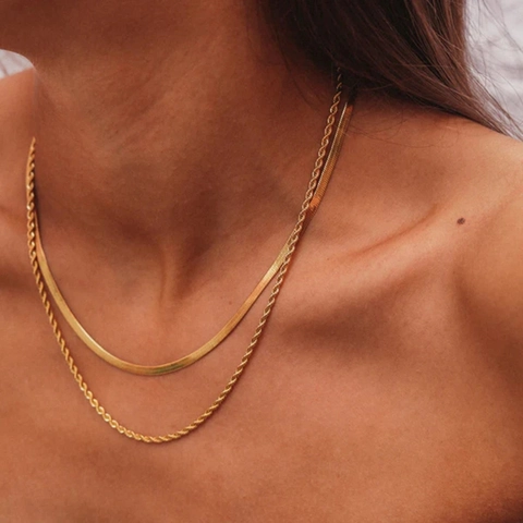 Minimalist Stainless Steel Double Layer Necklace For Women Gold Plated Flat Snake Chain And Twisted Rope Chain Jewelry