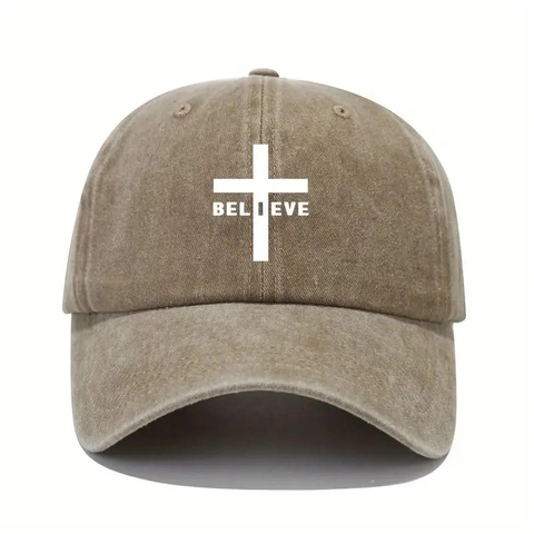Cappellino Da Baseball In Cotone Lavato Stampa Croce Believe Retro Regolabile Dad Hat Per Uomo Donna All'aperto