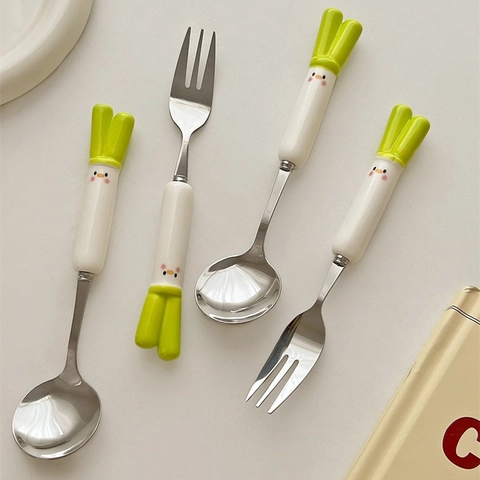 Couverts Mignons Oignon Vert Acier Inoxydable Manche Céramique Cuillère Et Fourchette Portables
