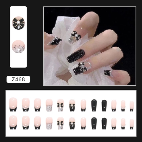 Lange Sarg Form Press On Nägel Mit Schwarzer Schleife Und Künstliche Perle Süß Cool Stil Maniküre Für Frauen