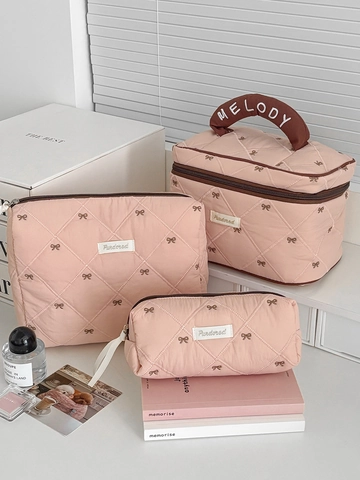 Quilted Cotton Cosmetic Bag Bow Embroidery Portable Toiletry Pouch Cute Aesthetic Travel Makeup Organizer For Women