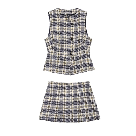 Gilet Sans Manches En Tweed À Carreaux Et Jupe-Culotte Assortie Tenue Femme Style Urbain Élégant Marine Blanc Jaune
