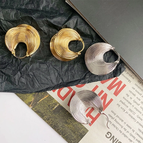 Boucles d'oreilles Vintage En Laiton Plaqué Or Géométriques Irrégulières Éventail Texturé Multicouche Plissé Pour Femmes Avec Tige En Argent