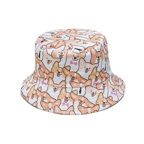Omkeerbare Visserhoed Met Cartoon Corgi Hond Print Polyester Cartoon Dier Zonbescherming Zonnehoed Voor Dames
