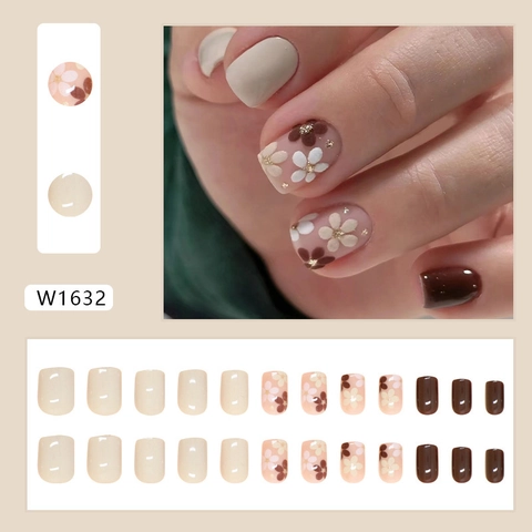 Unghie Finte A Pressione Con Fiori Corte Quadrate Arrotondate Crema Beige Marrone Cioccolato Stile Francese Con Colla