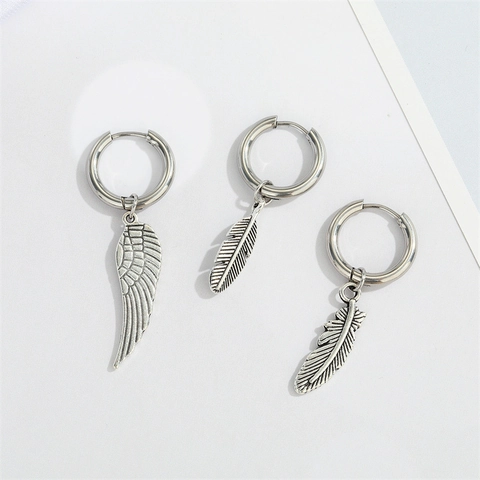 Stainless Steel Feather Wing Pendant Hoop Earrings Retro Punk Vintage Silver Tone Jewelry For Men Women Fashion Gift