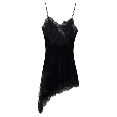 Mini Robe À Bretelles En Velours Noir Avec Dentelle Cils Ourlet Asymétrique Col En V Sans Manches Élégante