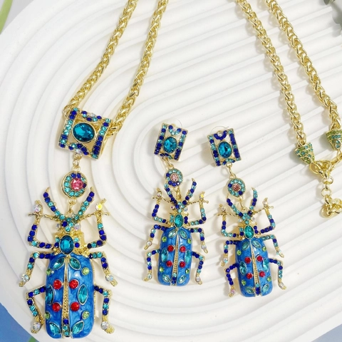 Vintage Blauw Emaille Kever Hanger Ketting En Oorbellen Voor Dames Heavy Metal Legering Strass Insecten Sieraden Accessoire