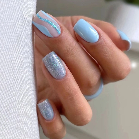 Uñas Postizas Press On Azul Claro Patrón Ondas Purpurina Plateada Brillante Cuadrado Redondo Plástico ABS Para Mujeres Manicura DIY