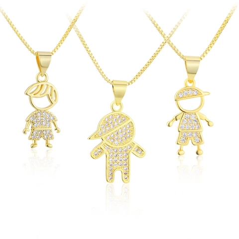 Cartoon Boy Girl Pendant Necklace Micro Pave Zircon Copper 18K Gold Plated Simple Trendy Jewelry