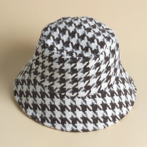 Chapeau Bob Pied De Poule Vintage Carrelé Faux Cachemire Chaud Hiver Casquette Pêcheur Femme Style Coréen Coupe Vent