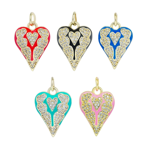 Pendentif Cœur Charme Cuivre Plaqué Or 18K Émail Micro Pavé Zircone Coloré Accessoires Bijoux DIY Pour Femmes