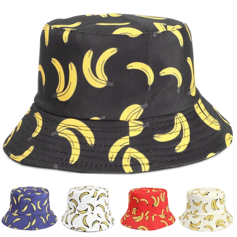 Reversible Bucket Hat Polyester Banana Fruit Print Summer Sun Protection Foldable Casual Travel Beach For Men Women