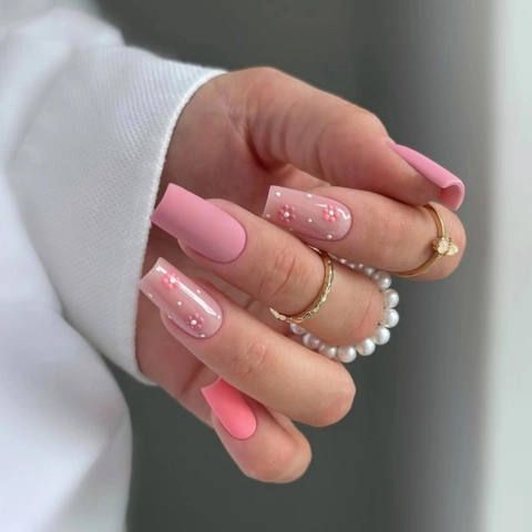 Press On Nails Long Square Pink Matte False Nails With Flower Polka Dot Design French Style For Women