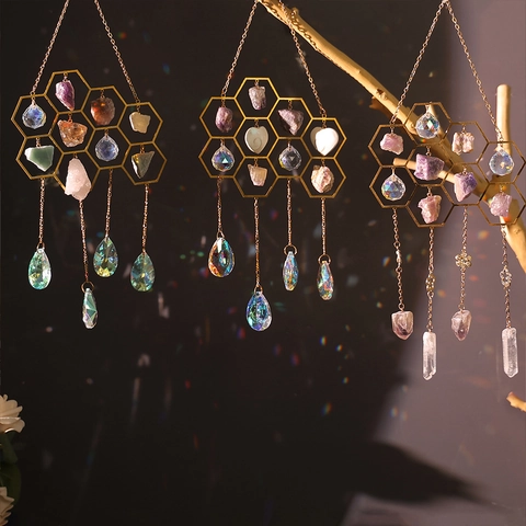 Crystal Suncatcher Wind Chime Honeycomb Metal Frame Natural Amethyst Stone Faceted Prism Rainbow Maker Window Decor