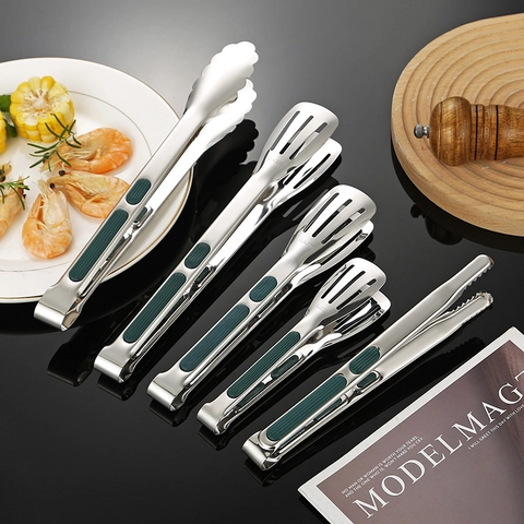 Roestvrijstalen Voedseltang Met Antislip Groene Handgreep Sleuven Getand Voor Barbecue Salade Brood Koken Serveren