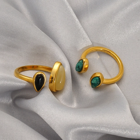 Offener Verstellbarer Ring Edelstahl 18K Vergoldet Natürlicher Schwarzer Onyx Grüner Stein Wassertropfen Vintage Schmuck