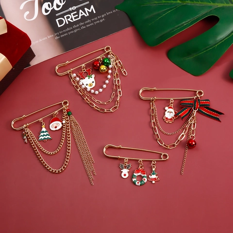 Kerst Broche Veiligheidsspeld Legering Emaille Kerstman Rendier Boom Multi Layer Kwastje Ketting Bel Sieraden Cadeau