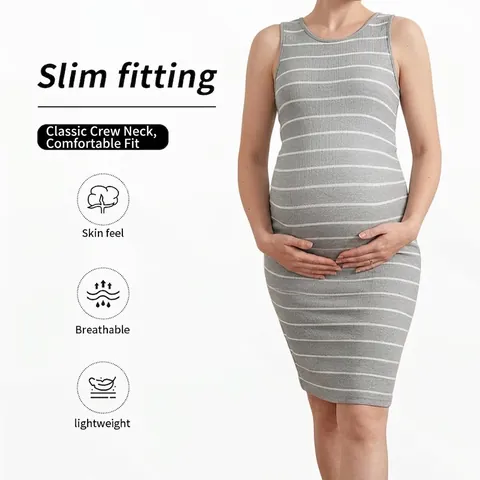 Vestito Da Maternità A Righe In Maglia A Costine Senza Maniche Girocollo Aderente Elastico Abbigliamento Estivo Casual