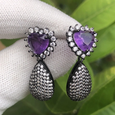 Heart Purple Crystal Dangle Earrings Copper With Paved Zircon Waterdrop Pendant Fashion Jewelry For Women