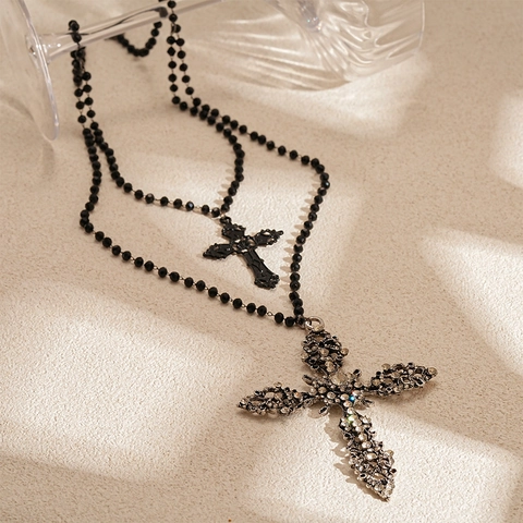 Layered Necklace With Cross Pendants Black Glass Beads Alloy Rhinestone Gothic Vintage Style For Women Adjustable