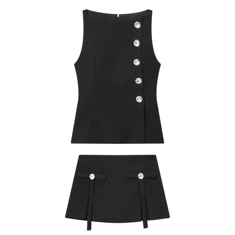Women Sexy Sleeveless Vest Top And Mini Skirt With Rhinestone Buttons Bow Decor Elegant Solid Black Apparel