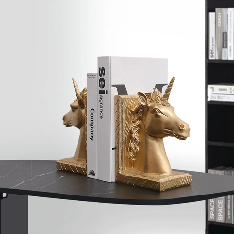 Serre-Livres Tête De Licorne Résine Organisateur De Bureau Sculpture Animale De Luxe Pour Décoration De Maison
