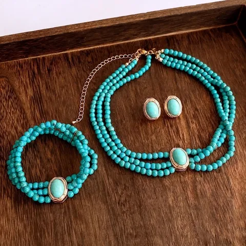 Vintage Jewelry Set Multi Layer Beaded Turquoise Style Alloy Necklace Bracelet Earrings With Silver Earring Post