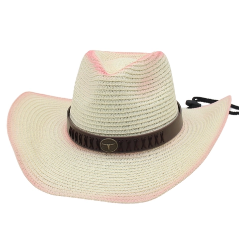 Western Cowboy Hat Woven Straw Wide Brim Sun Protection Faux Leather Band Metal Bull Head Emblem Breathable Outdoor