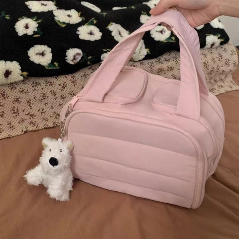 Quilted Makeup Bag Puffer Toiletry Case Large Capacity Nylon Portable Travel Organizer With Plush Charm Handheld Solid Color For Women