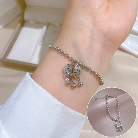 Pulsera De Acero Inoxidable Para Mujer Carácter Chino Tradicional Fu Colgante De Candado De Longevidad Cadena De Cuentas Joyería