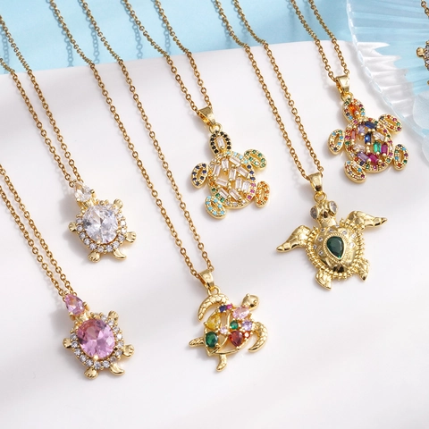 Collana Con Pendente Tartaruga Marina Rame Placcato Oro Con Zirconi Cubici Multicolore Gioielli Animali Oceano