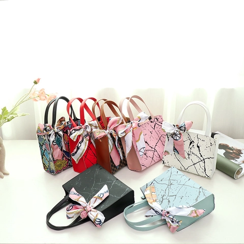 Elegant Marble Pattern PU Leather Handbag With Satin Scarf Decorated Handle And Metal Chain Strap Fashion Women Tote Bag