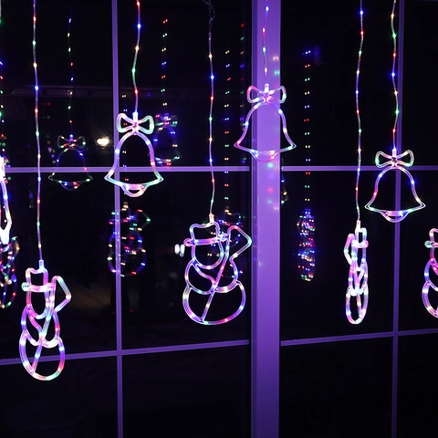 LED Curtain String Lights Christmas Decor Snowman Star Bell Snowflake Plastic Copper Wire For Window Bedroom Romantic Decoration