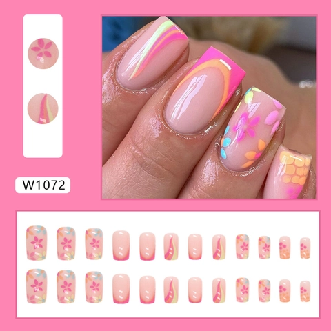 Plastic Press On Nails Square Medium Long Floral Wave Pattern French Sweet Ins Style Artificial Fake Nails For Women