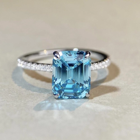 925 Argento Sterling Taglio Smeraldo Zirconia Anello Elegante Rettangolare Blu Bianco Rosa Intarsiato Pietre Preziose Anello Donna