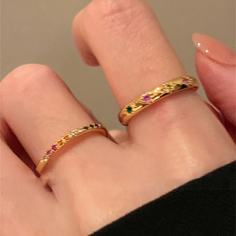Bunte Zirkonia Kupfer Ringe Vergoldet Sechszackiger Stern Regenbogen Minimalistischer Stapelbarer Modeschmuck Damen