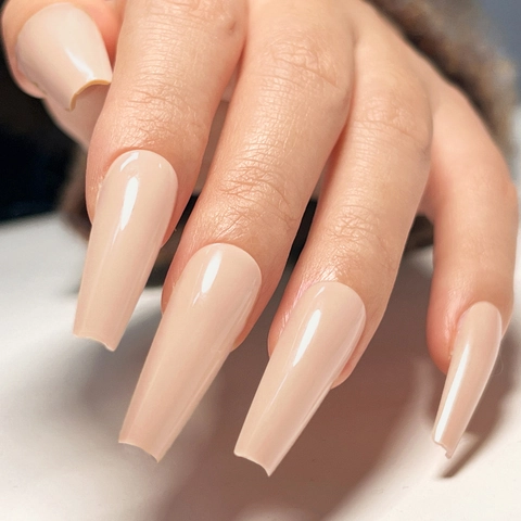 Glossy Extra Long Ballerina Press On Nails Nude Pink Solid Color Coffin Shape False Finger Nails For Women
