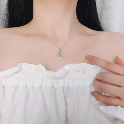 Moon Cat Star Pendant Necklace 925 Sterling Silver With Zircon Simple Elegant Jewelry For Women