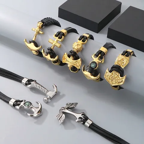 Bracciale Cuoio Uomo Multistrato Acciaio Inossidabile Vichingo Mjölnir Ancora Bussola Vintage Punk Gioielli