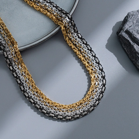 Byzantine King Chain Necklace Stainless Steel Square Link Hip Hop Streetwear Jewelry For Men Women
