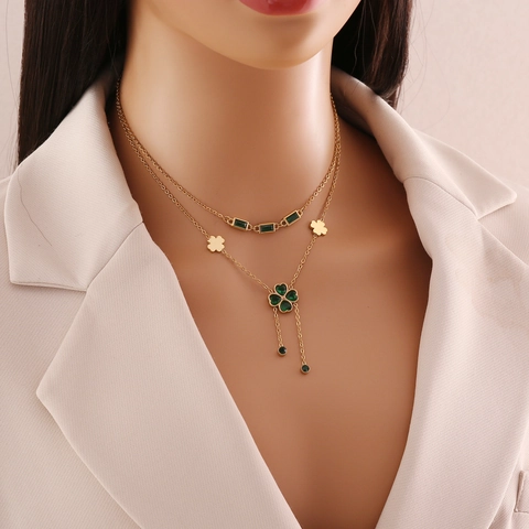 Gioielli Con Quadrifoglio Verde Smeraldo Acciaio Inossidabile Placcato Oro Forma Di Cuore Gemma Nappa Collana Moda