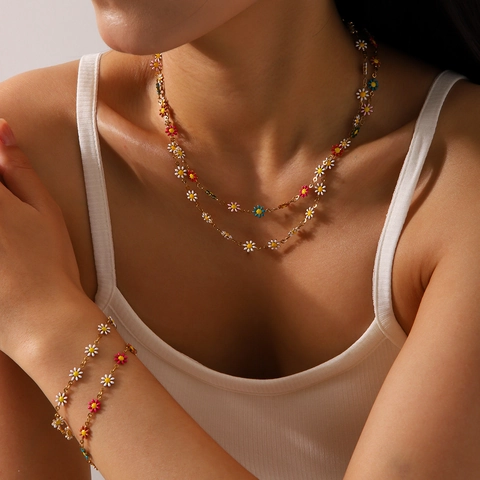 Edelstahl Gänseblümchen Halskette Und Armband Bunte Emaille Blumen Anhänger Kette Schmuck Für Damen Gold Vergoldet