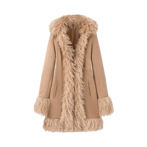 Women's Khaki Faux Fur Patchwork Trench Coat Elegant Mid-Long Suede Texture Overcoat With Pockets Casual Outerwear For Winter