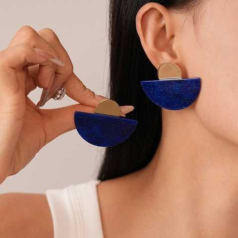 Orecchini A Lobo Semicircolari Geometrici Acrilico Motivo Inchiostro Blu Stellato Rame Con Silver Earring Post Retro